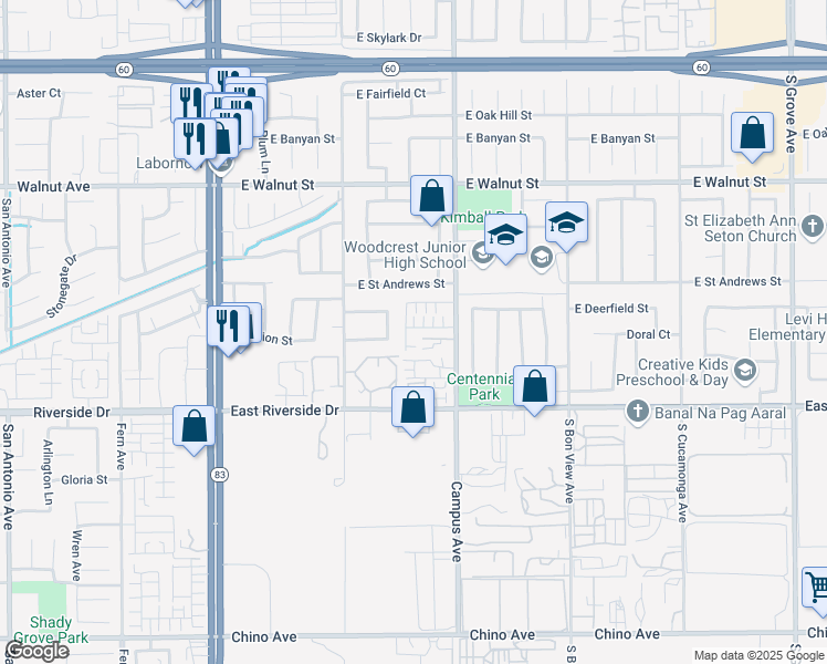 map of restaurants, bars, coffee shops, grocery stores, and more near 608 Joseph Privado in Ontario