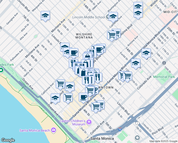 map of restaurants, bars, coffee shops, grocery stores, and more near 808 Wilshire Boulevard in Santa Monica