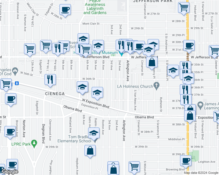 map of restaurants, bars, coffee shops, grocery stores, and more near 3633 3rd Avenue in Los Angeles