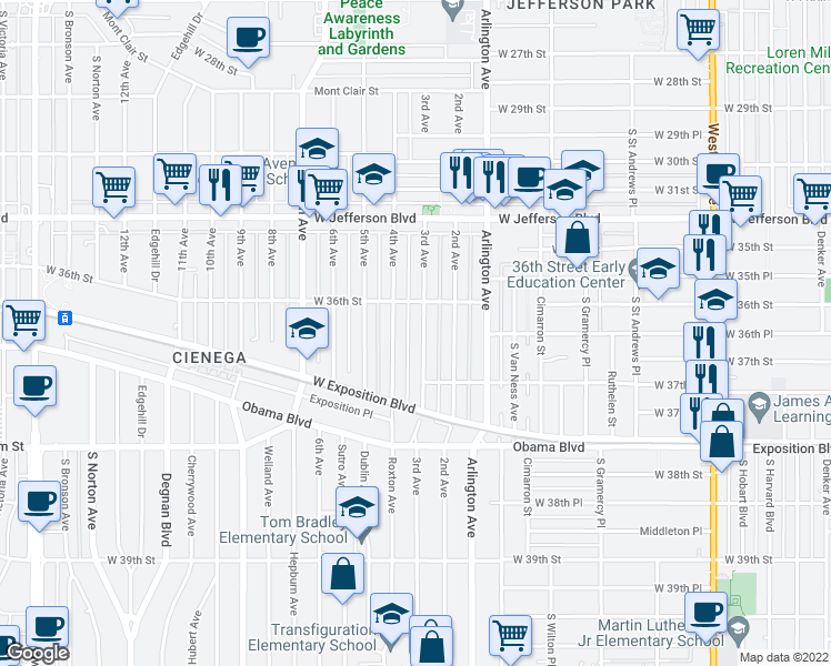 map of restaurants, bars, coffee shops, grocery stores, and more near 3633 3rd Avenue in Los Angeles