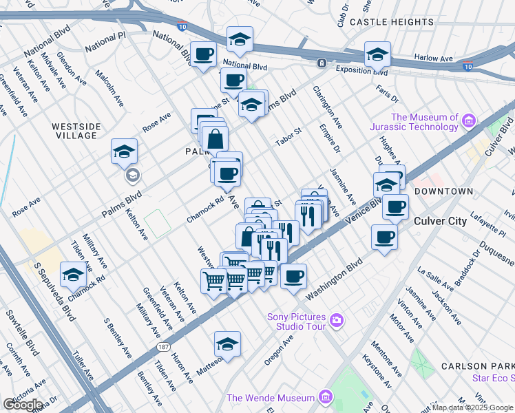 map of restaurants, bars, coffee shops, grocery stores, and more near 10617 Regent Street in Los Angeles