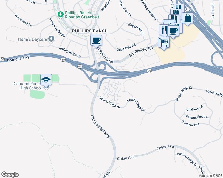map of restaurants, bars, coffee shops, grocery stores, and more near 28 Wilderness Place in Pomona
