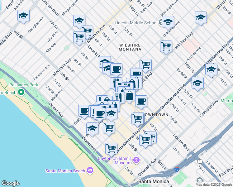 map of restaurants, bars, coffee shops, grocery stores, and more near 1128 7th Street in Santa Monica