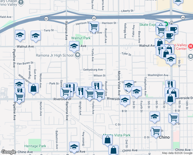 map of restaurants, bars, coffee shops, grocery stores, and more near 4727 Wilson Street in Chino