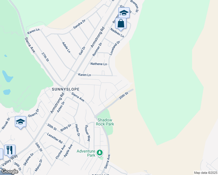 map of restaurants, bars, coffee shops, grocery stores, and more near 6590 Karen Ln in Riverside