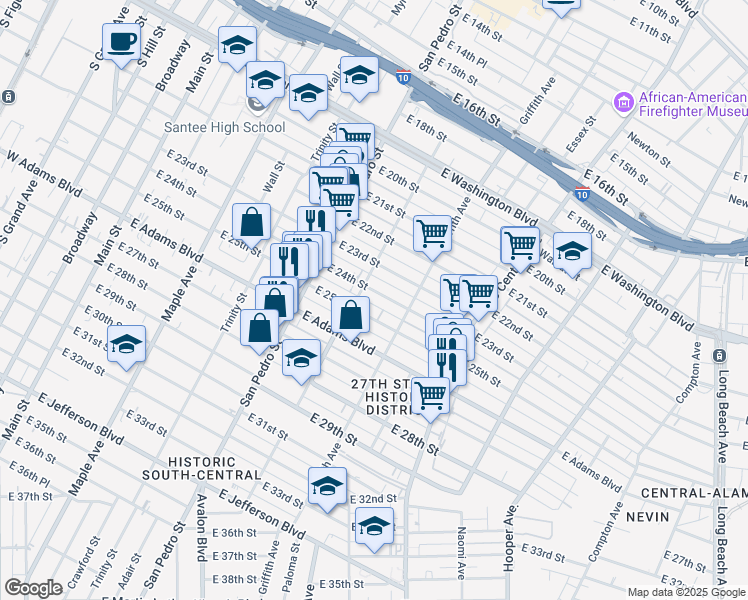 map of restaurants, bars, coffee shops, grocery stores, and more near 807 1/2 East 25th Street in Los Angeles