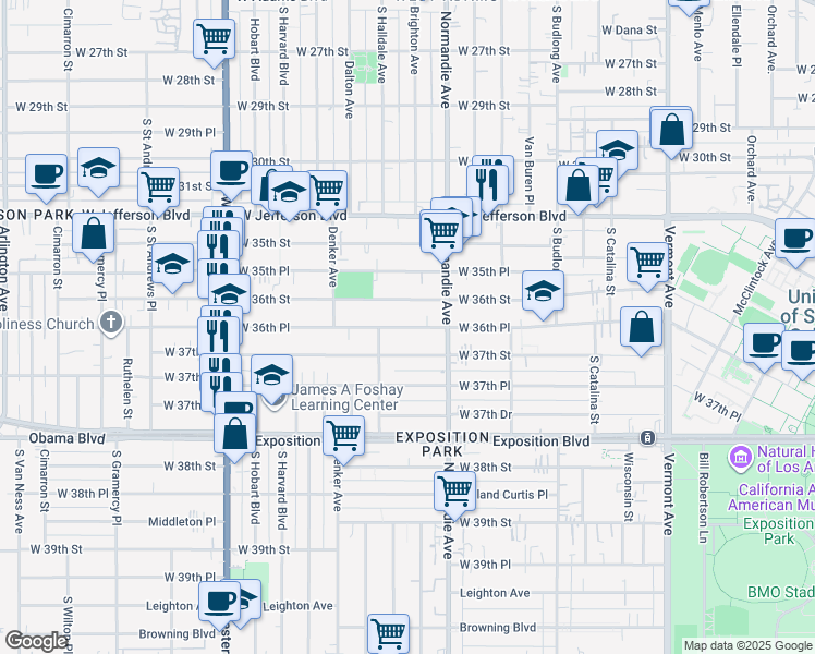 map of restaurants, bars, coffee shops, grocery stores, and more near 1458 West 36th Place in Los Angeles