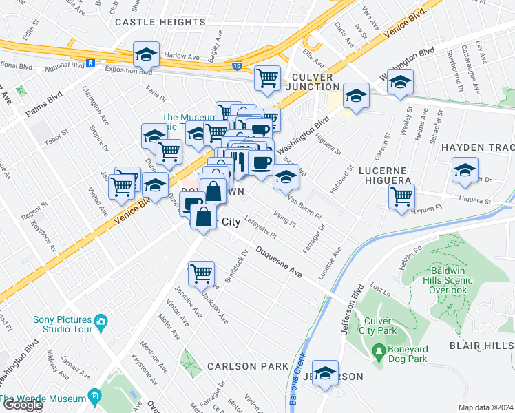 map of restaurants, bars, coffee shops, grocery stores, and more near 4071 Irving Place in Culver City
