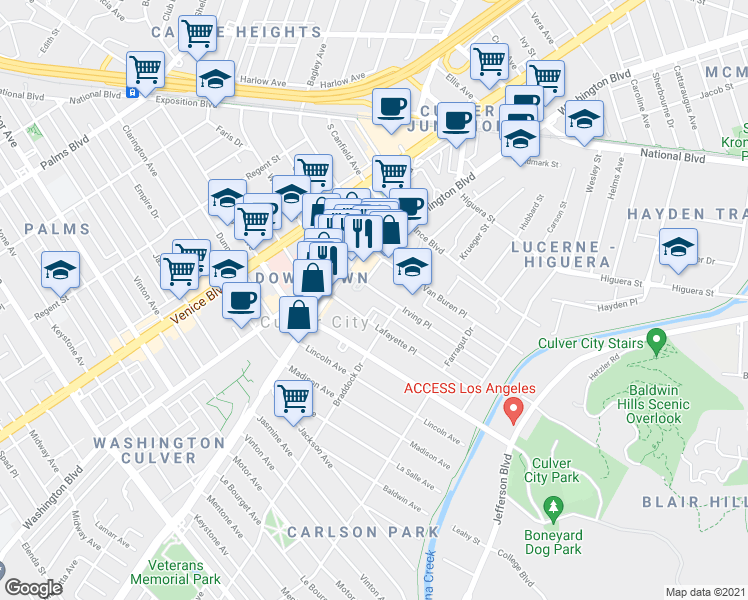 map of restaurants, bars, coffee shops, grocery stores, and more near 4071 Irving Place in Culver City