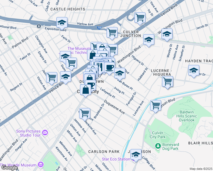 map of restaurants, bars, coffee shops, grocery stores, and more near 4071 Irving Place in Culver City