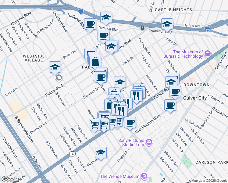 map of restaurants, bars, coffee shops, grocery stores, and more near 10617 Regent Street in Los Angeles