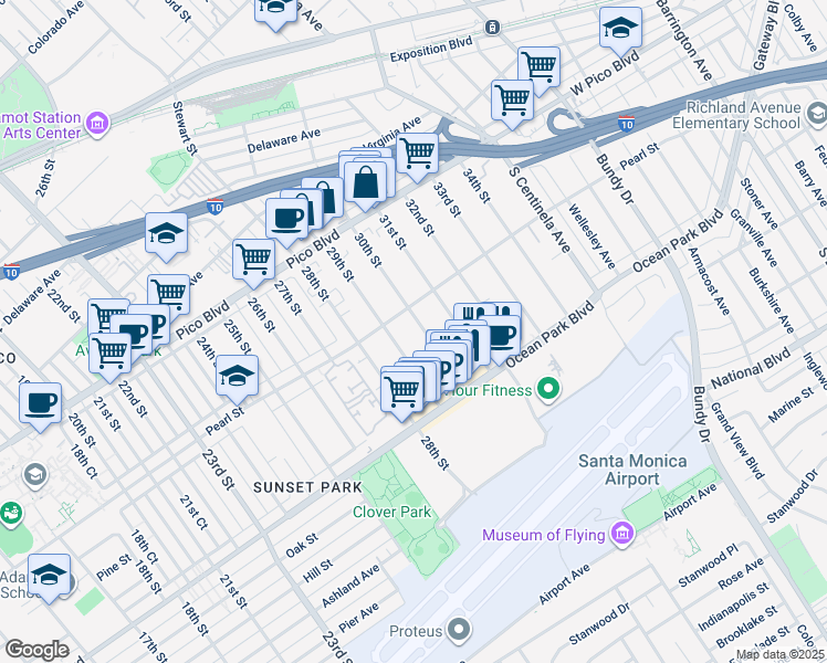 map of restaurants, bars, coffee shops, grocery stores, and more near 2507 29th Street in Santa Monica