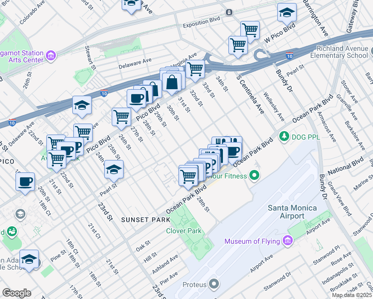 map of restaurants, bars, coffee shops, grocery stores, and more near 2507 29th Street in Santa Monica