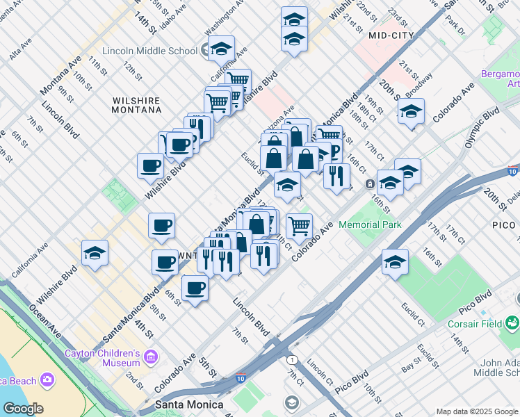 map of restaurants, bars, coffee shops, grocery stores, and more near 1448 12th Street in Santa Monica