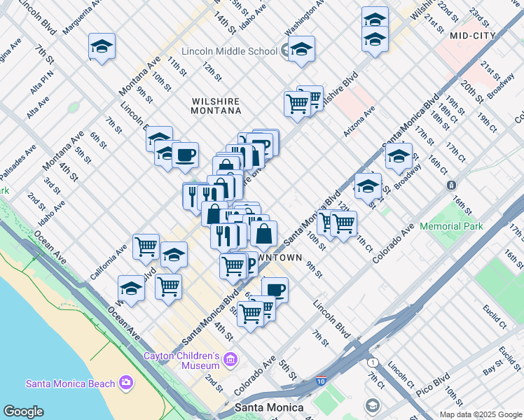 map of restaurants, bars, coffee shops, grocery stores, and more near 1264 Lincoln Court in Santa Monica