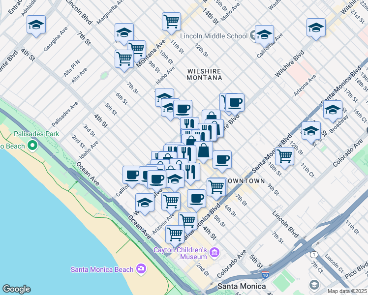 map of restaurants, bars, coffee shops, grocery stores, and more near 1133 6th Street in Santa Monica