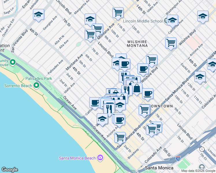 map of restaurants, bars, coffee shops, grocery stores, and more near 490 California Avenue in Santa Monica