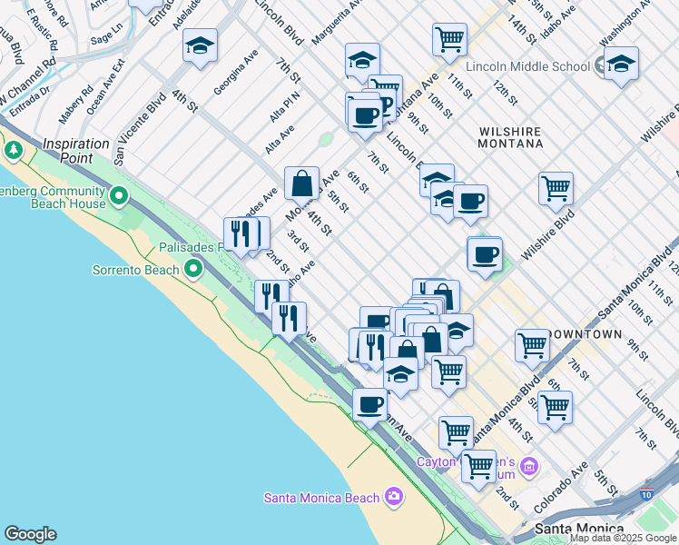 map of restaurants, bars, coffee shops, grocery stores, and more near 938 3rd Street in Santa Monica