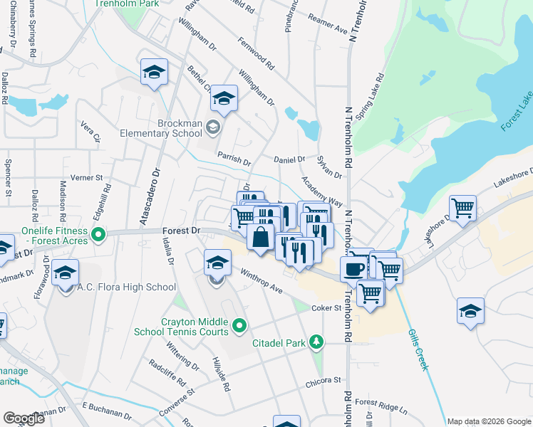 map of restaurants, bars, coffee shops, grocery stores, and more near 1621 Gamewell Drive in Columbia