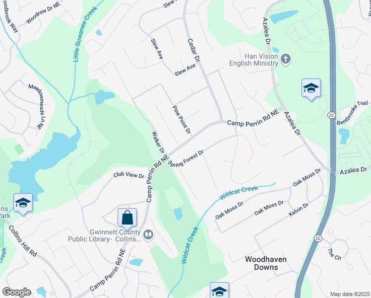 map of restaurants, bars, coffee shops, grocery stores, and more near 645 Camp Perrin Road Northeast in Lawrenceville