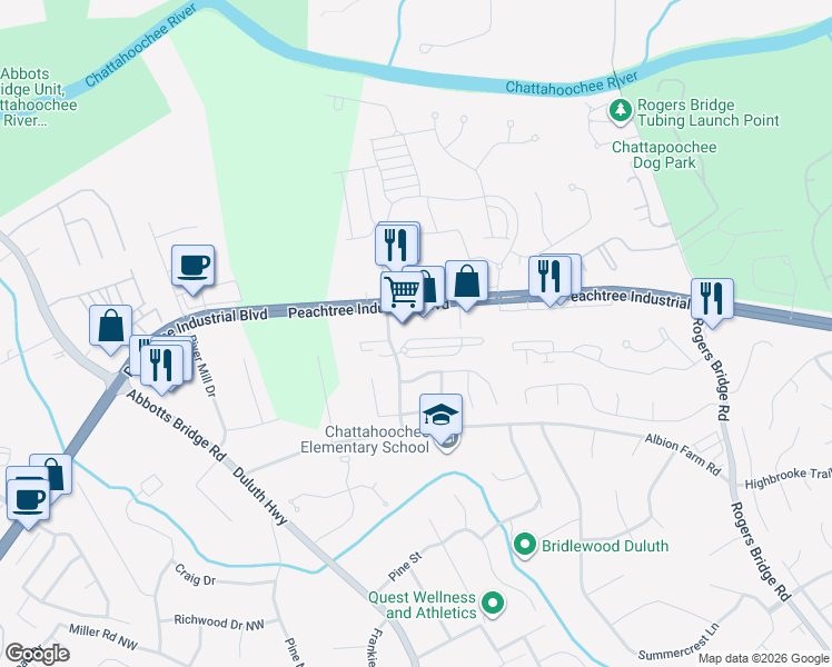 map of restaurants, bars, coffee shops, grocery stores, and more near 2797 Albion Farm Way in Duluth