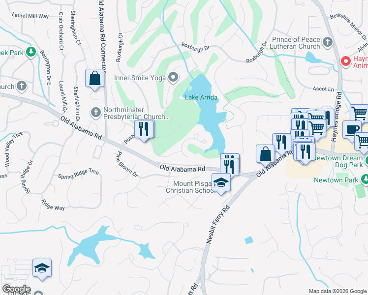 map of restaurants, bars, coffee shops, grocery stores, and more near 9775 Terrace Lake Point in Roswell