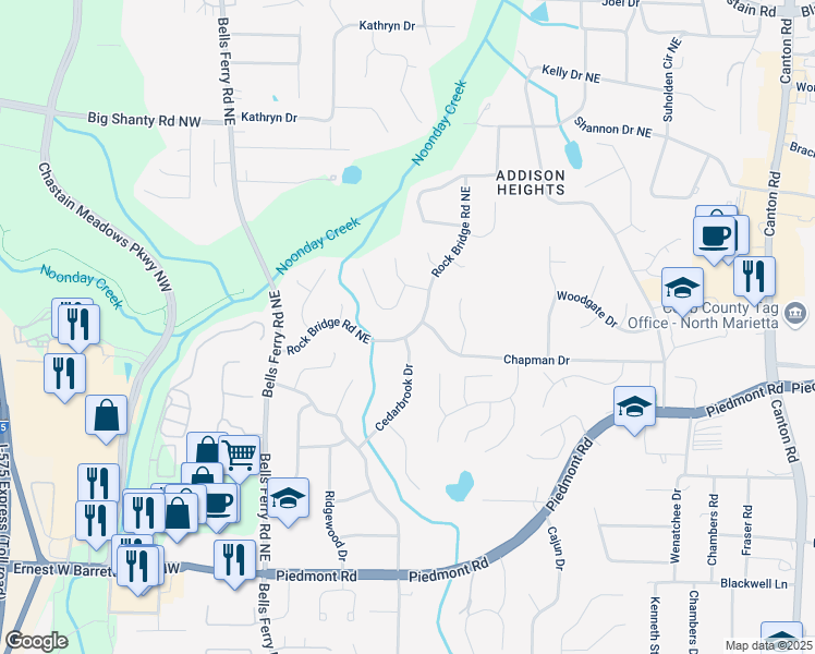 map of restaurants, bars, coffee shops, grocery stores, and more near 2917 Rock Bridge Road Northeast in Marietta