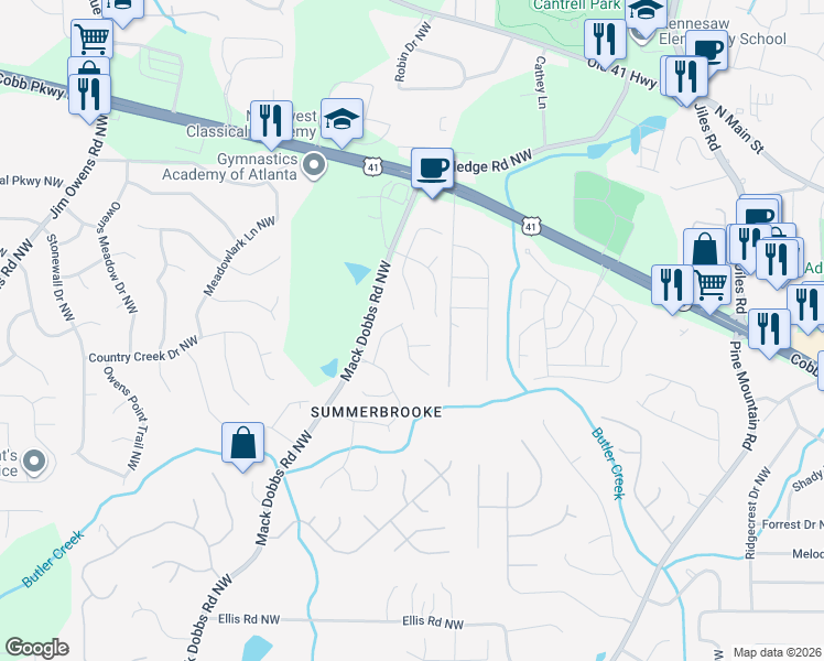 map of restaurants, bars, coffee shops, grocery stores, and more near 2995 Summerfield Court in Kennesaw