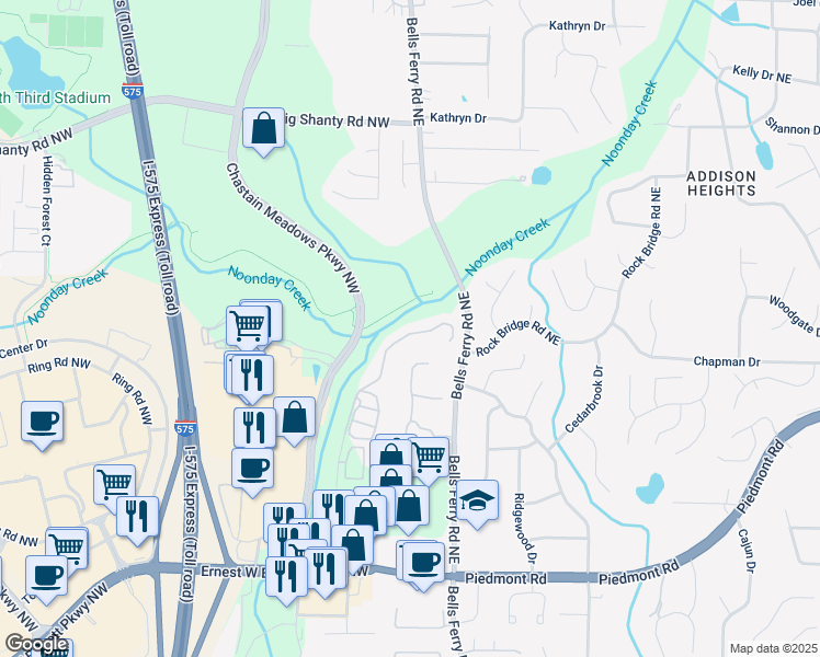 map of restaurants, bars, coffee shops, grocery stores, and more near 2765 Prado Lane in Marietta