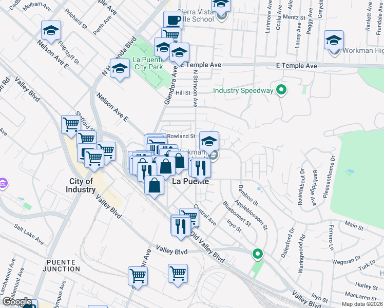 map of restaurants, bars, coffee shops, grocery stores, and more near 209 North Stimson Avenue in La Puente