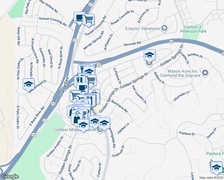 map of restaurants, bars, coffee shops, grocery stores, and more near 23601 Golden Springs Drive in Diamond Bar