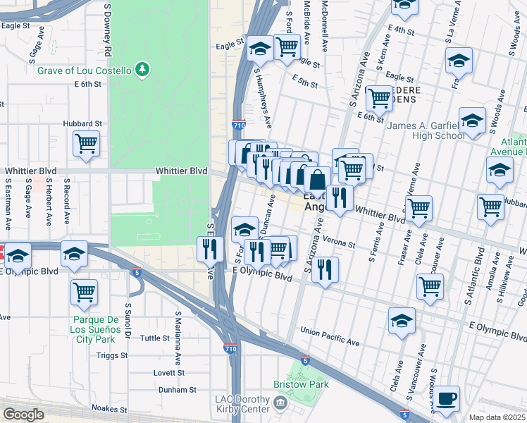 map of restaurants, bars, coffee shops, grocery stores, and more near 954 South Duncan Avenue in Los Angeles