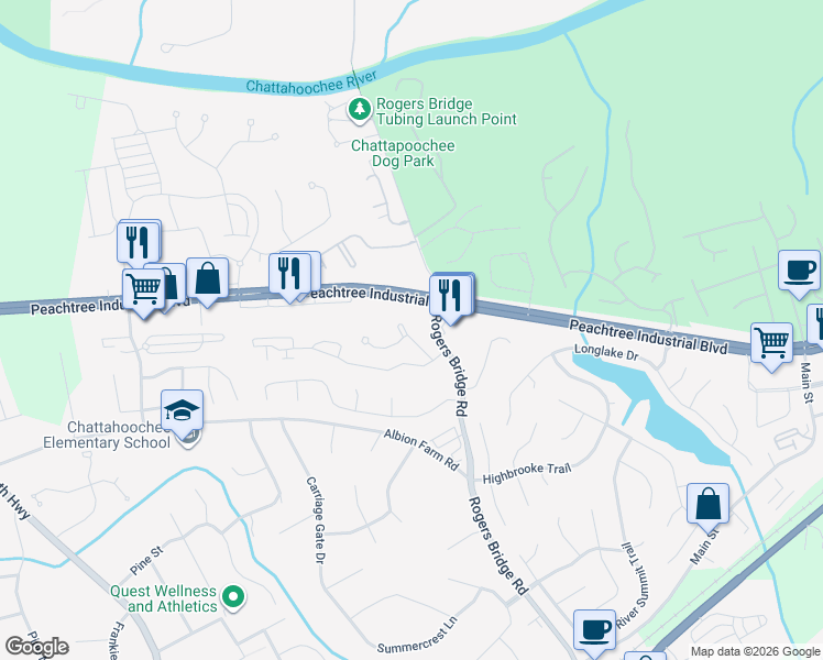 map of restaurants, bars, coffee shops, grocery stores, and more near 4091 Glen Vista Court in Duluth