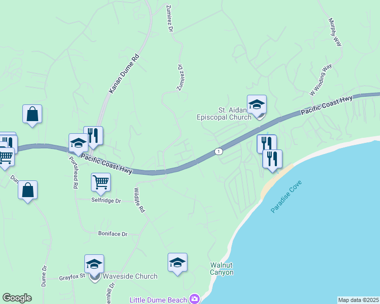 map of restaurants, bars, coffee shops, grocery stores, and more near 6457 Zuma View Place in Malibu
