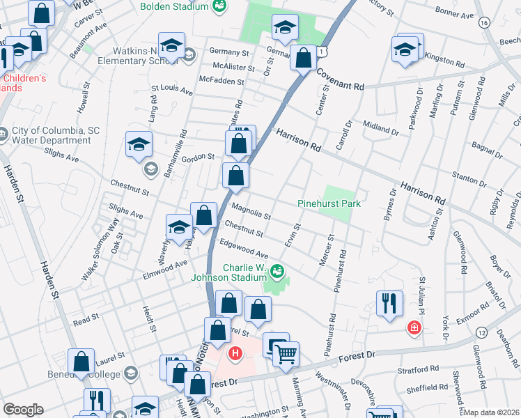 map of restaurants, bars, coffee shops, grocery stores, and more near 2610 Magnolia Street in Columbia