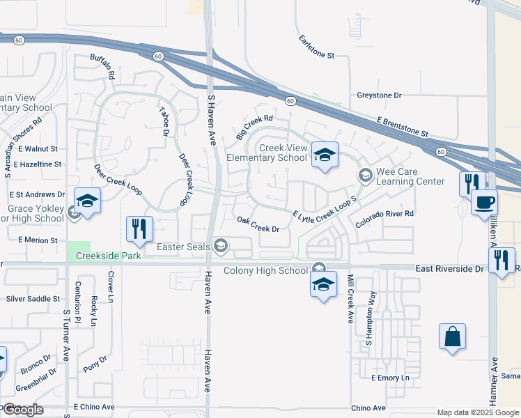 map of restaurants, bars, coffee shops, grocery stores, and more near 2825 South Tuolumne Place in Ontario