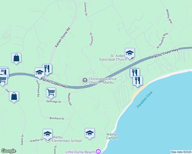 map of restaurants, bars, coffee shops, grocery stores, and more near 6453 Zuma View Place in Malibu