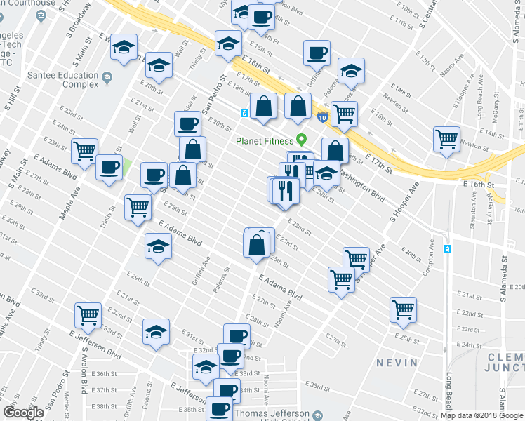 map of restaurants, bars, coffee shops, grocery stores, and more near 1207 East 23rd Street in Los Angeles