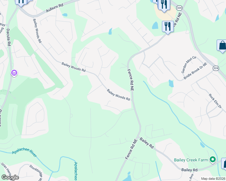 map of restaurants, bars, coffee shops, grocery stores, and more near 650 Bailey Woods Road in Dacula