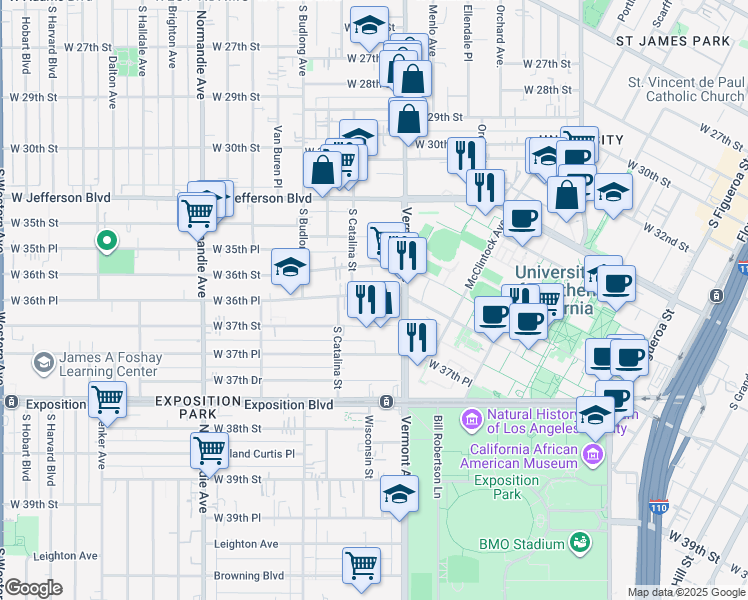 map of restaurants, bars, coffee shops, grocery stores, and more near 1147 West 37th Street in Los Angeles