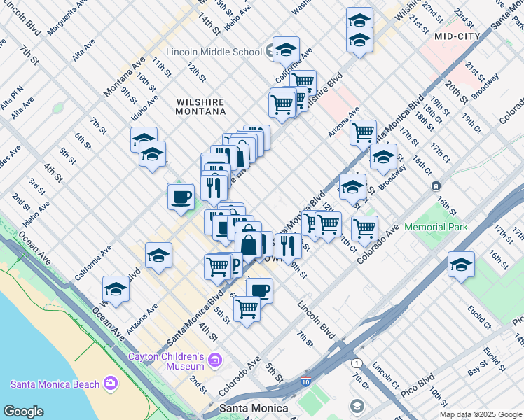 map of restaurants, bars, coffee shops, grocery stores, and more near 1321 9th Court in Santa Monica