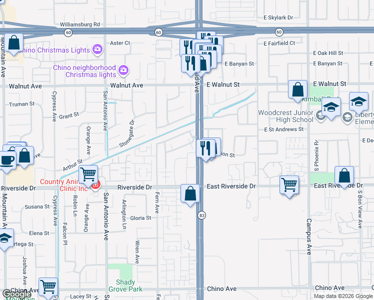 map of restaurants, bars, coffee shops, grocery stores, and more near 155 West Via Rua Flores in Ontario