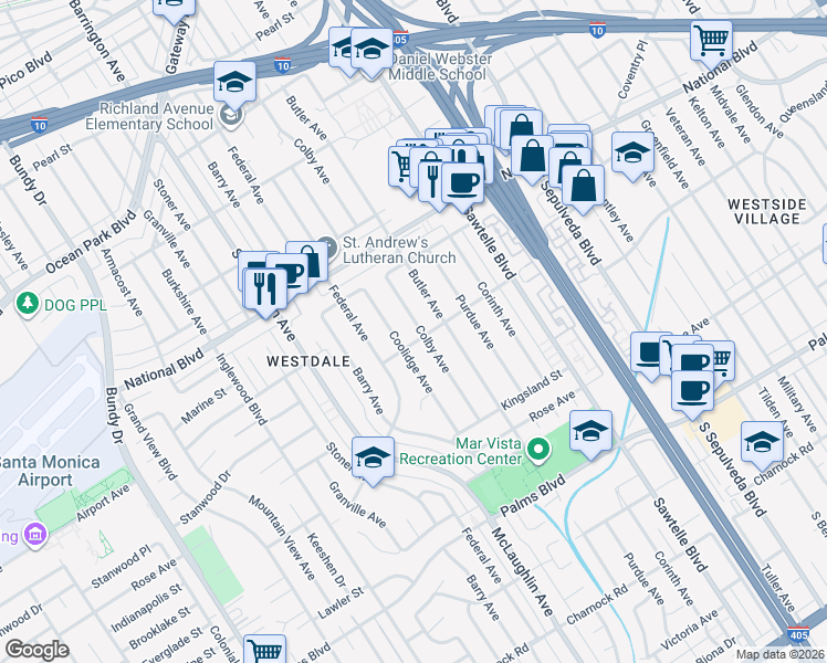 map of restaurants, bars, coffee shops, grocery stores, and more near 3206 Colby Avenue in Los Angeles