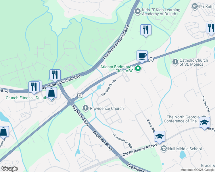 map of restaurants, bars, coffee shops, grocery stores, and more near 2043 Hailston Drive Northwest in Duluth