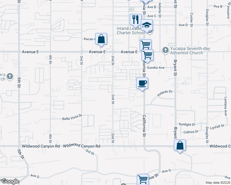 map of restaurants, bars, coffee shops, grocery stores, and more near 12655 2nd Street in Yucaipa
