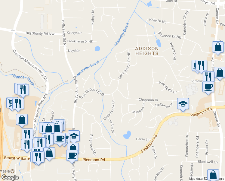 map of restaurants, bars, coffee shops, grocery stores, and more near 2917 Rock Bridge Road Northeast in Marietta
