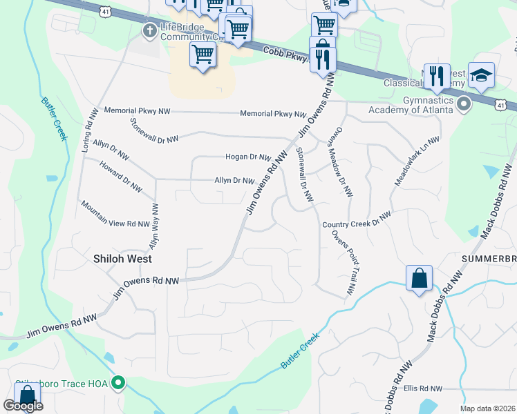 map of restaurants, bars, coffee shops, grocery stores, and more near 2763 Shetland Lane Northwest in Kennesaw