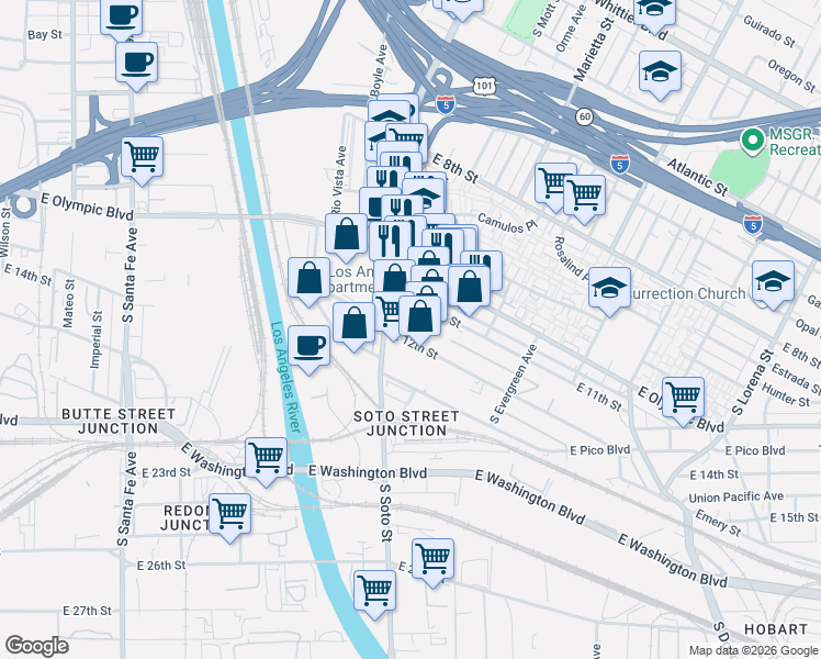 map of restaurants, bars, coffee shops, grocery stores, and more near 2715 East 12th Street in Los Angeles