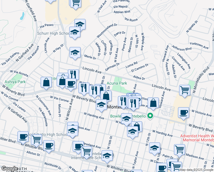 map of restaurants, bars, coffee shops, grocery stores, and more near 605 North 18th Street in Montebello