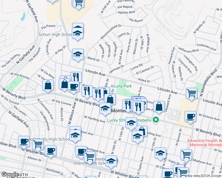 map of restaurants, bars, coffee shops, grocery stores, and more near 605 North 18th Street in Montebello